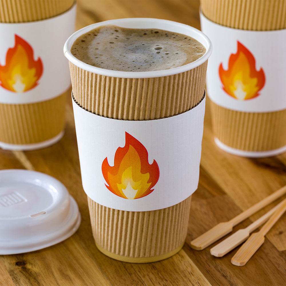 Restpresso White Paper Fire Emoji Coffee Cup Sleeve - Fits 12 / 16 / 20 oz Cups - 50 count box