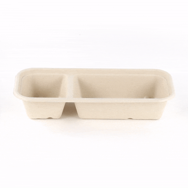 Pulp Tek 17 oz Rectangle Natural Sugarcane / Bagasse Catering Container - 2-Compartment - 9 1/4" x 3 3/4" x 1 3/4" - 100 count box