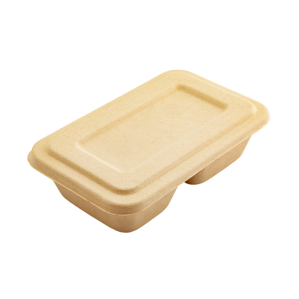 Pulp Tek Rectangle Natural Sugarcane / Bagasse Lid - Fits 2-Compartment Take Out Container - 9 1/4" x 5 3/4" x 1/2" - 100 count box