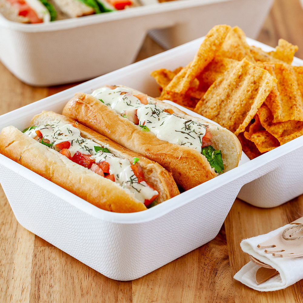 Pulp Tek 34 oz Rectangle White Sugarcane / Bagasse Take Out Container - 2-Compartment - 9" x 5 3/4" x 2 1/2" - 100 count box