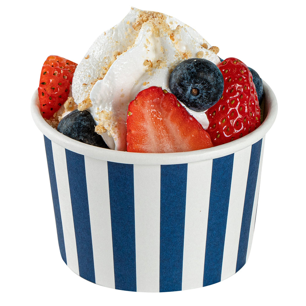 Coppetta 4 oz Round Blue and White Stripe Paper To Go Cup - 3" x 3" x 2 1/2" - 50 count box