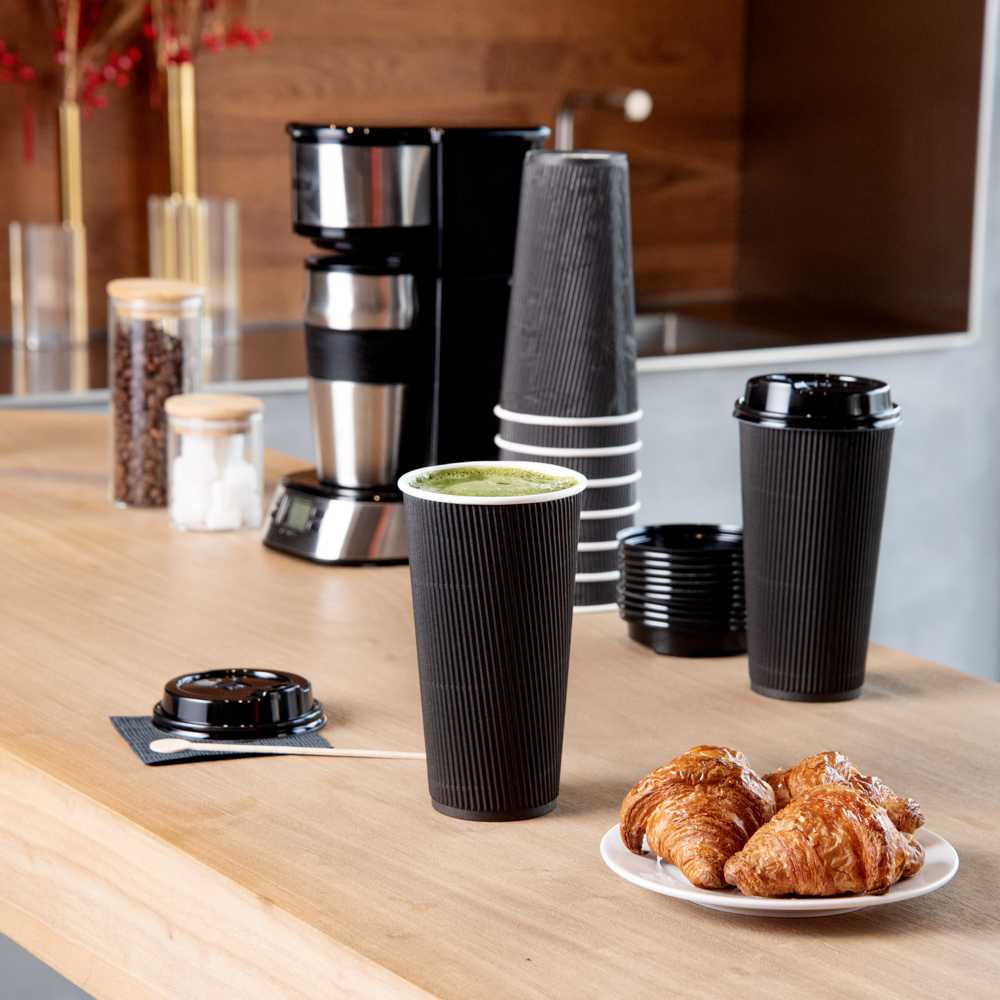 Restpresso 20 oz Black Paper Coffee Cup - Ripple Wall - 3 1/2" x 3 1/2" x 6 1/4" - 10 count box
