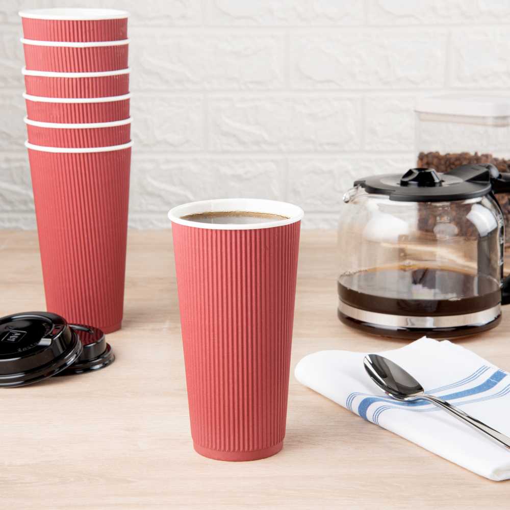 Restpresso 20 oz Crimson Paper Coffee Cup - Ripple Wall - 3 1/2" x 3 1/2" x 6 1/4" - 10 count box
