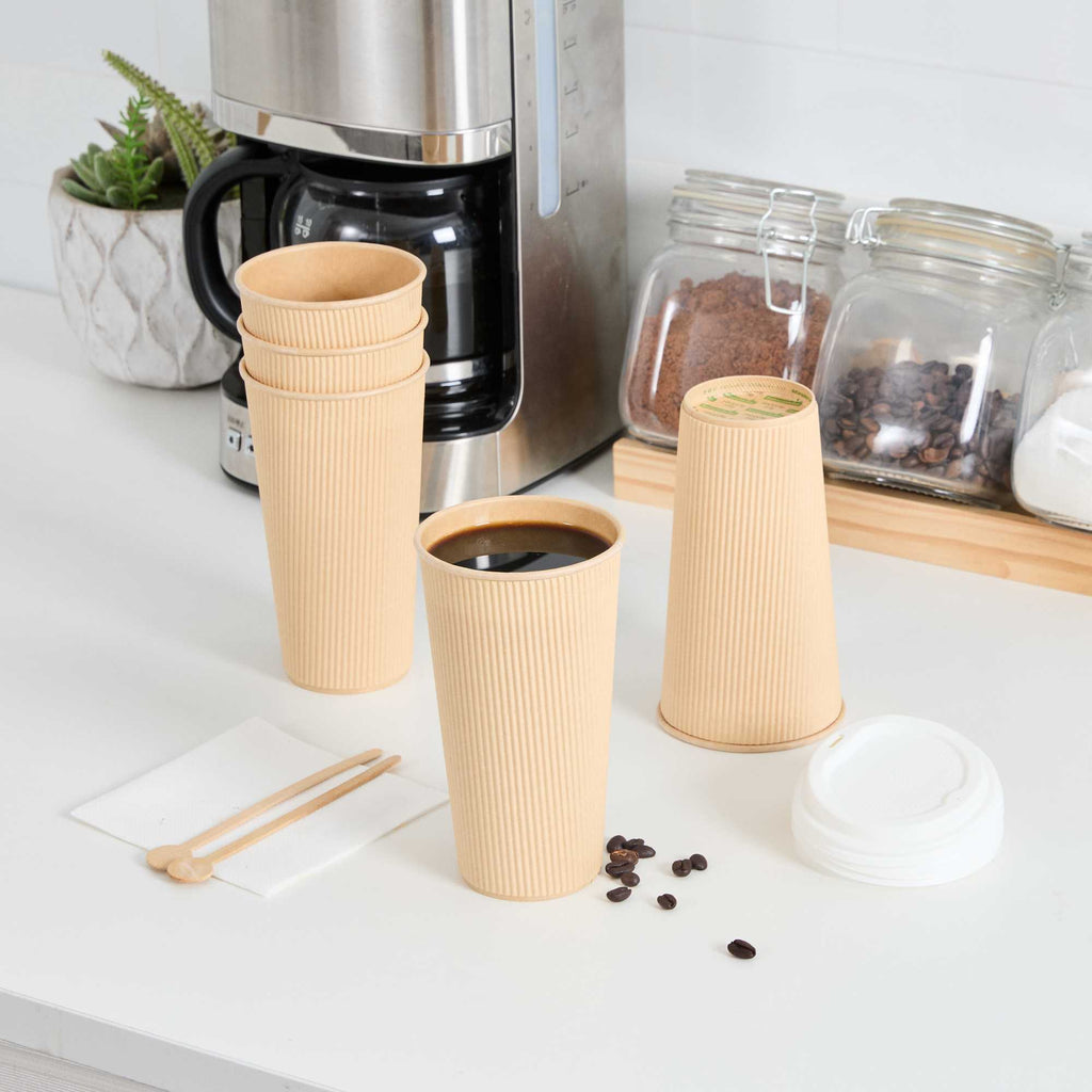 Restpresso 20 oz Kraft Paper Coffee Cup - Ripple Wall - 3 1/2" x 3 1/2" x 6 1/4" - 10 count box