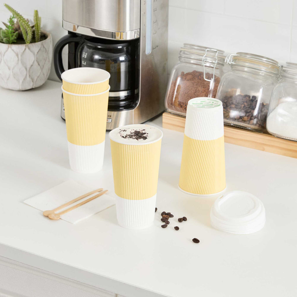 Restpresso 20 oz Light Yellow Paper Coffee Cup - Ripple Wall - 3 1/2" x 3 1/2" x 6 1/4" - 10 count box