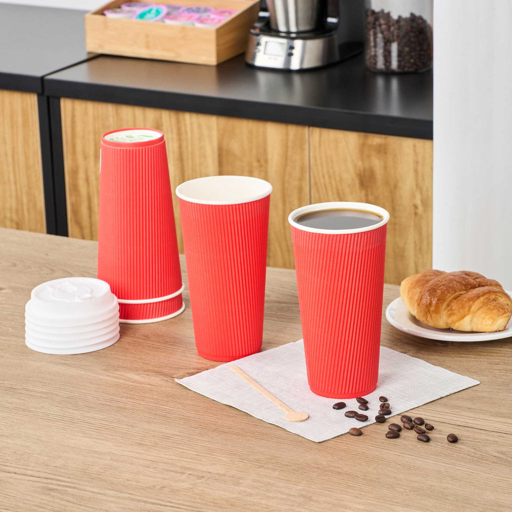 Restpresso 20 oz Red Paper Coffee Cup - Ripple Wall - 3 1/2" x 3 1/2" x 6 1/4" - 10 count box