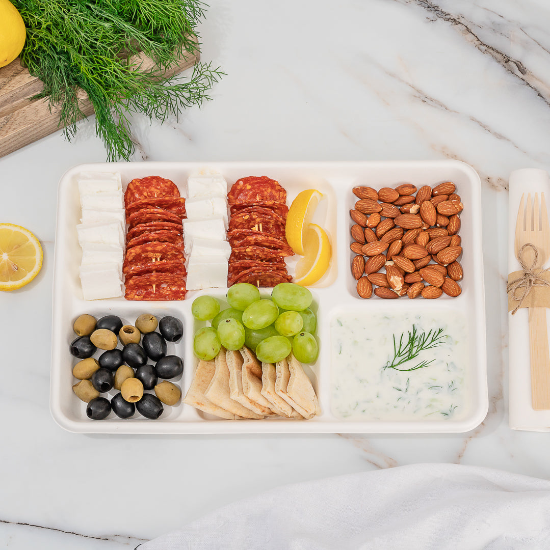 Pulp Tek Rectangle White Sugarcane / Bagasse Large Food Tray - 5 Compartments - 12 1/2" x 8 1/2" x 1" - 100 count box
