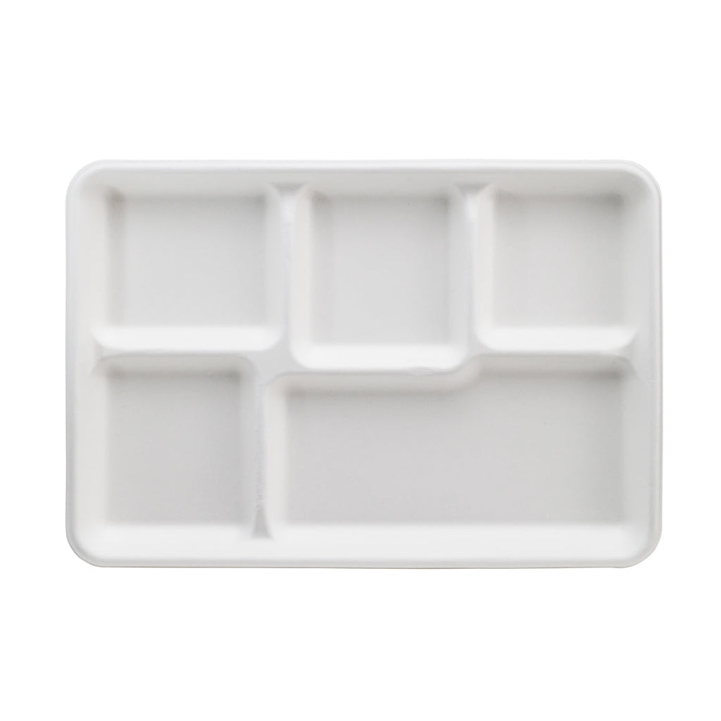 Pulp Tek Rectangle White Sugarcane / Bagasse Large Food Tray - 5 Compartments - 12 1/2" x 8 1/2" x 1" - 100 count box
