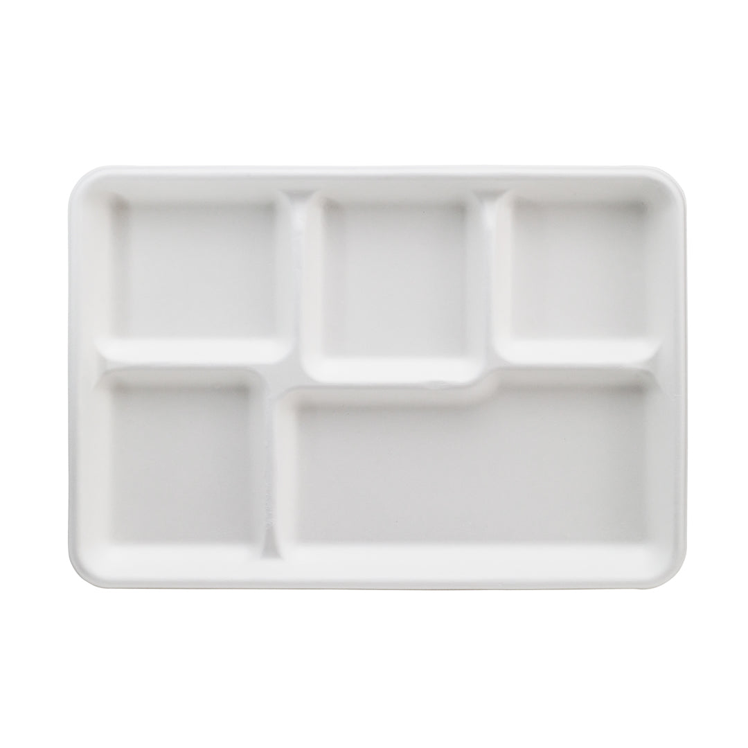 Pulp Tek Rectangle White Sugarcane / Bagasse Large Food Tray - 5 Compartments - 12 1/2" x 8 1/2" x 1" - 100 count box