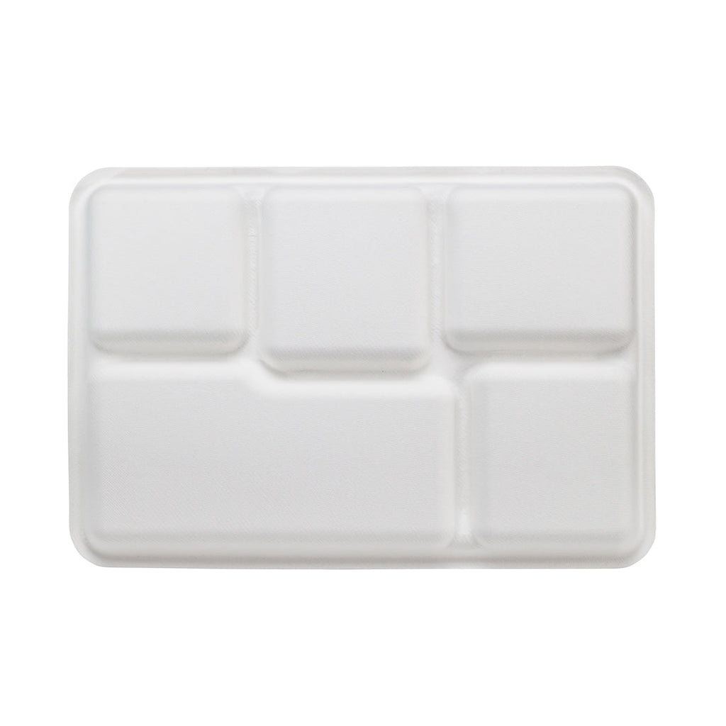 Pulp Tek Rectangle White Sugarcane / Bagasse Large Food Tray - 5 Compartments - 12 1/2" x 8 1/2" x 1" - 100 count box