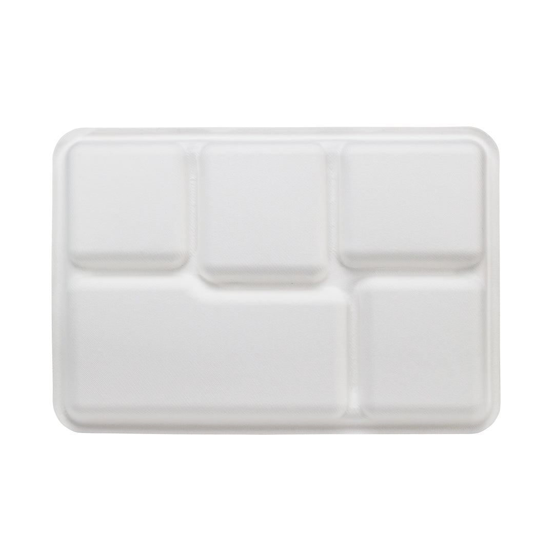Pulp Tek Rectangle White Sugarcane / Bagasse Large Food Tray - 5 Compartments - 12 1/2" x 8 1/2" x 1" - 100 count box