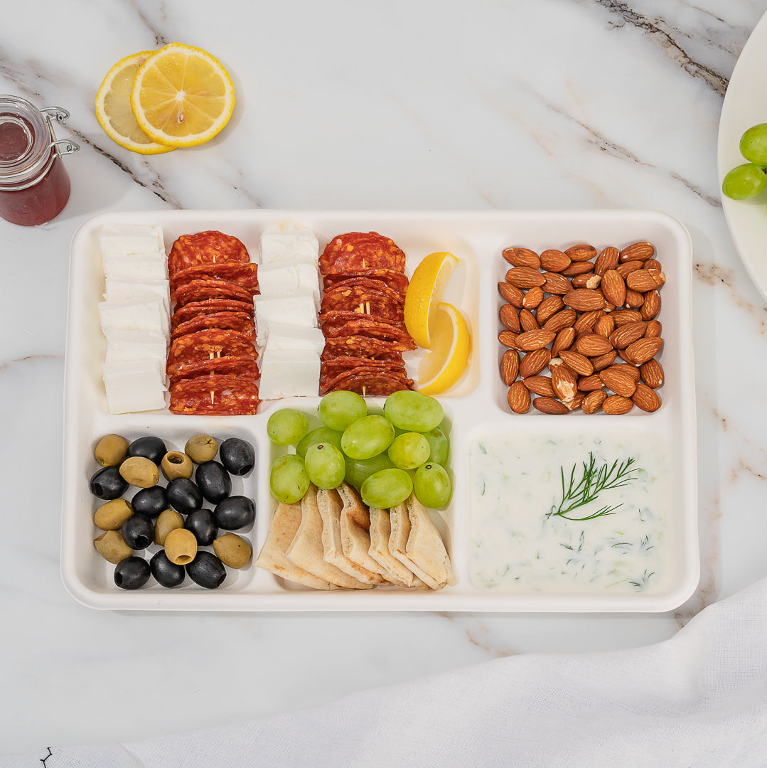 Pulp Tek Rectangle White Sugarcane / Bagasse Large Food Tray - 5 Compartments - 12 1/2" x 8 1/2" x 1" - 100 count box