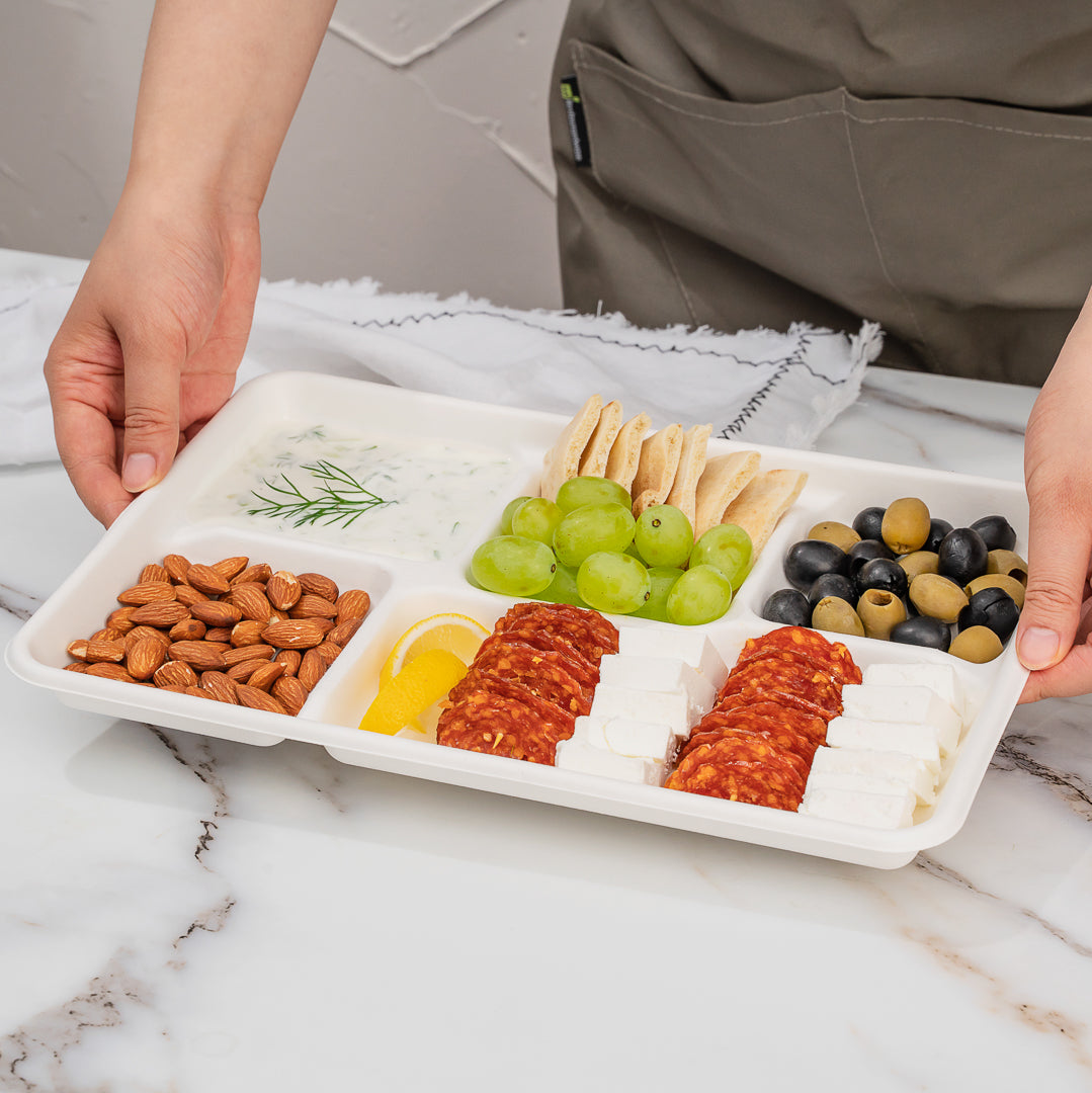 Pulp Tek Rectangle White Sugarcane / Bagasse Large Food Tray - 5 Compartments - 12 1/2" x 8 1/2" x 1" - 100 count box