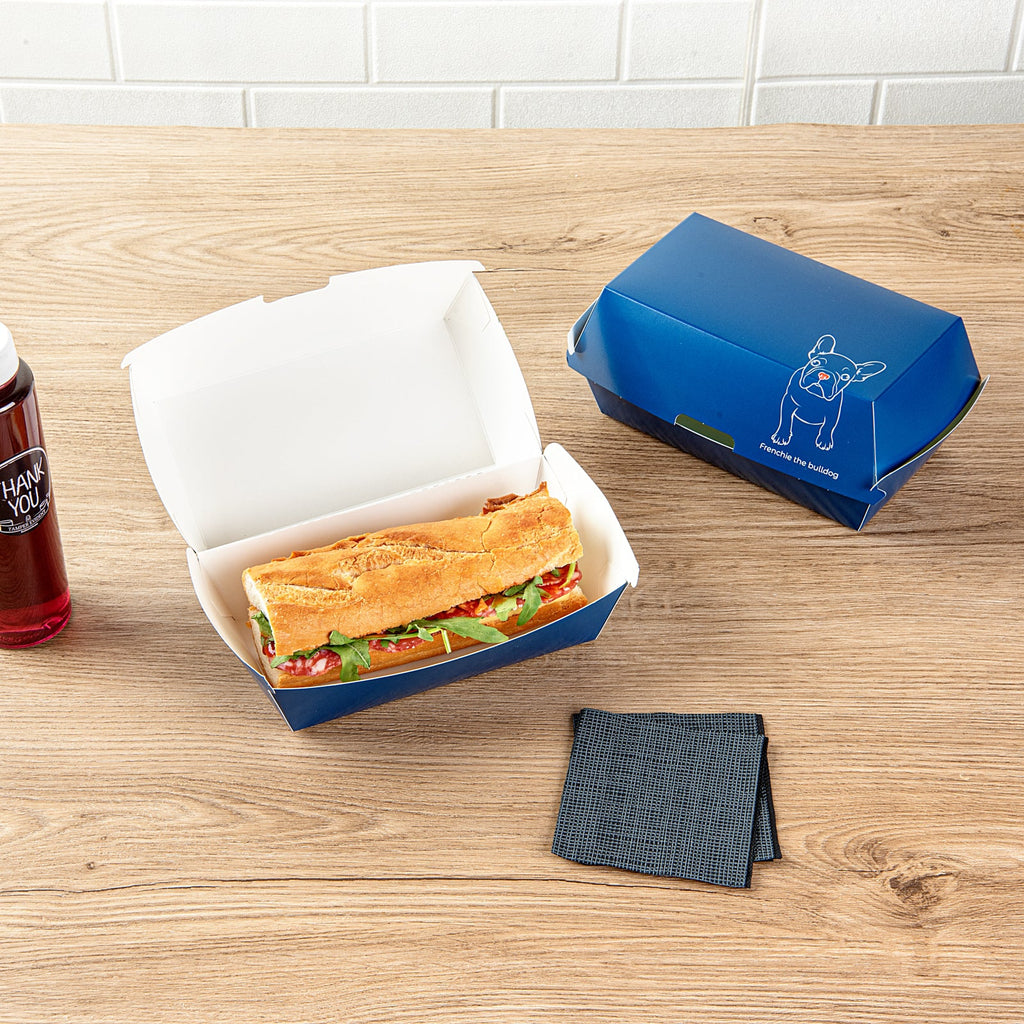 Bio Tek Rectangle Frenchie Paper Hot Dog / Sandwich Clamshell Container - 6 3/4" x 3 1/2" x 3 1/2" - 100 count box