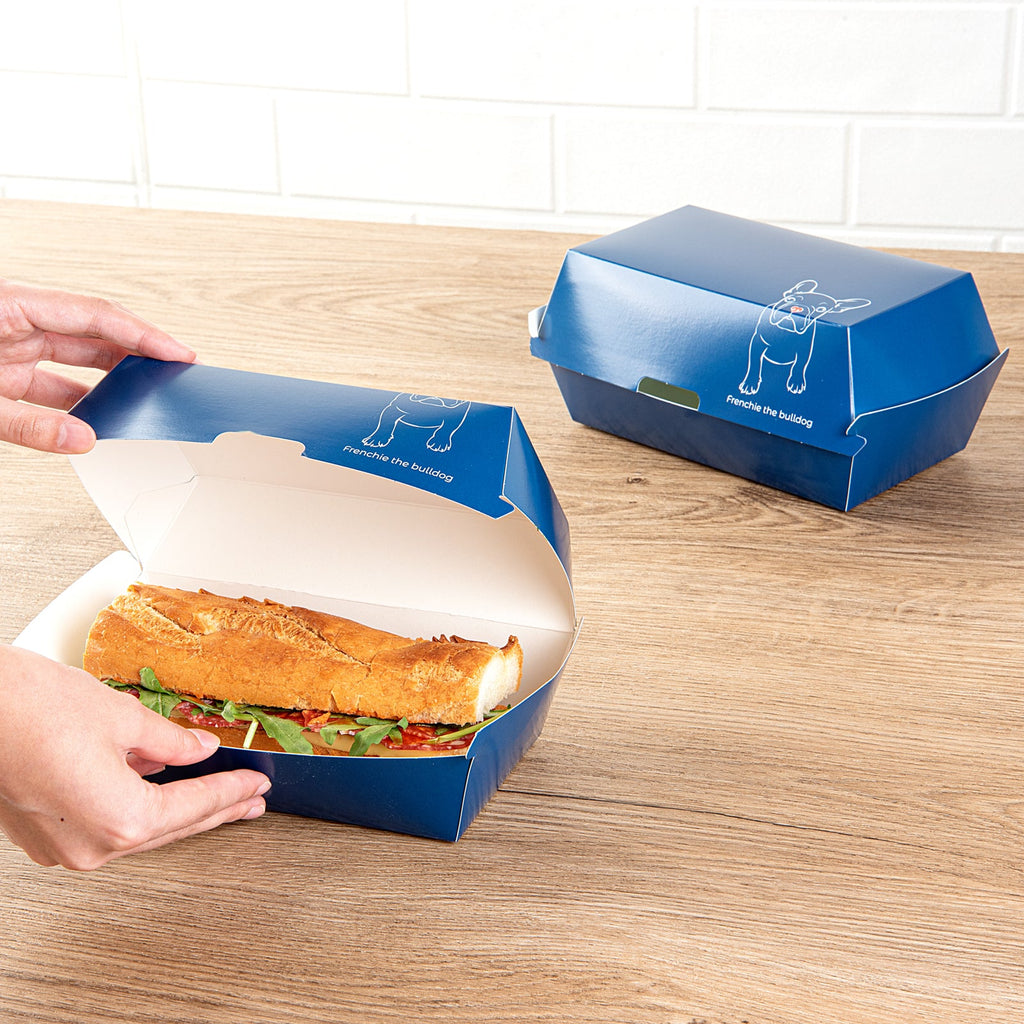 Bio Tek Rectangle Frenchie Paper Hot Dog / Sandwich Clamshell Container - 6 3/4" x 3 1/2" x 3 1/2" - 100 count box
