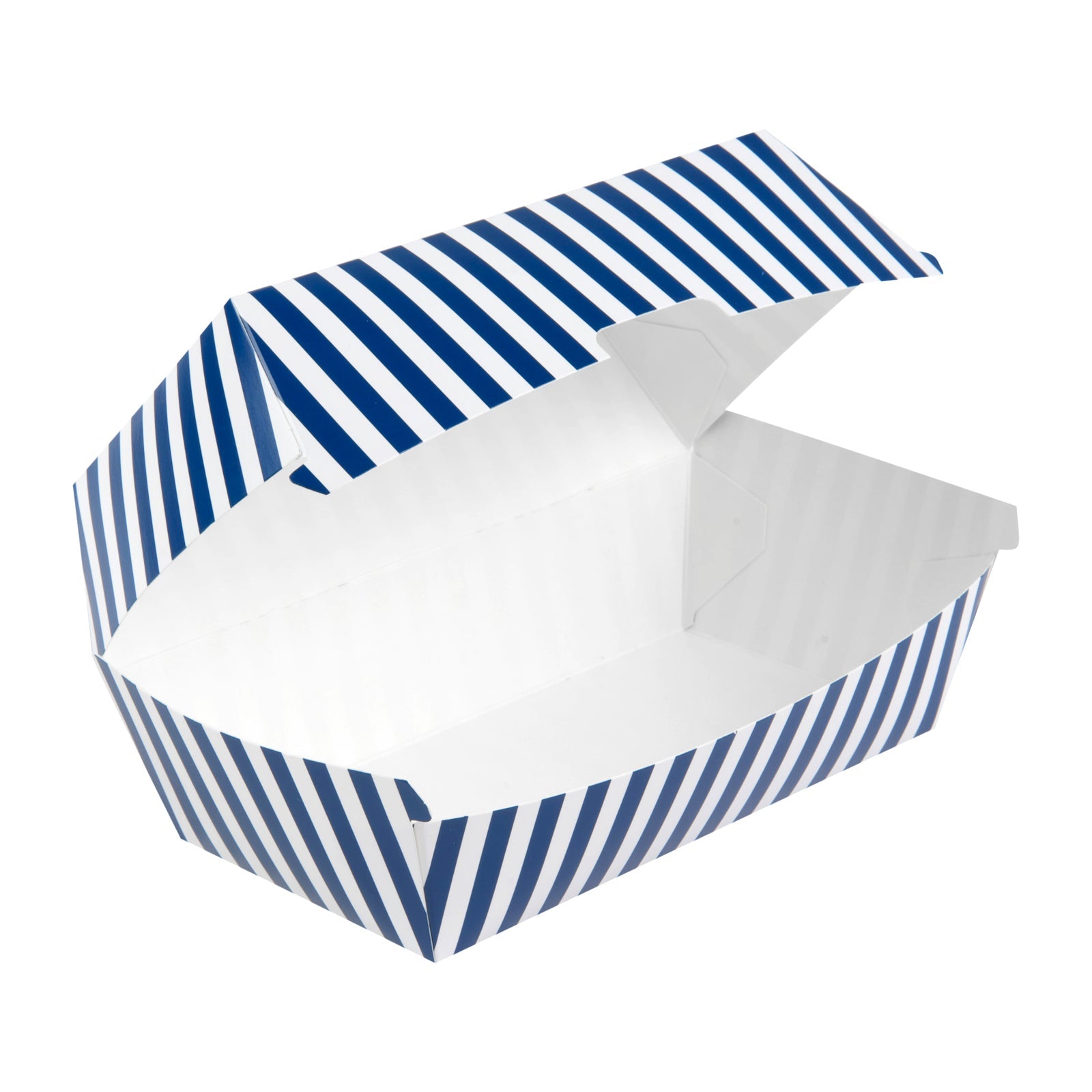 Bio Tek Rectangle Blue and White Stripe Paper Hot Dog / Sandwich Clamshell Container - 6 3/4" x 3 1/2" x 3 1/2" - 100 count box