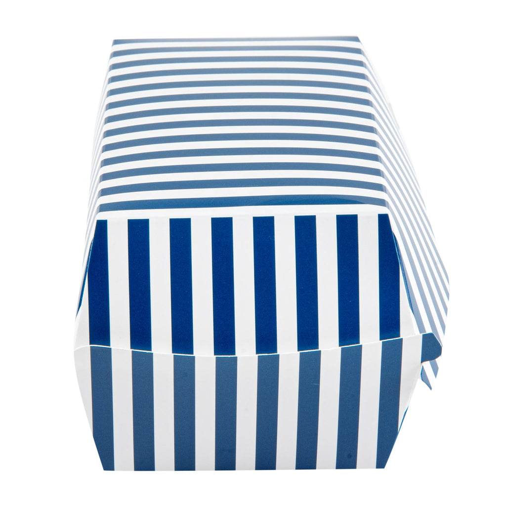 Bio Tek Rectangle Blue and White Stripe Paper Hot Dog / Sandwich Clamshell Container - 6 3/4" x 3 1/2" x 3 1/2" - 100 count box