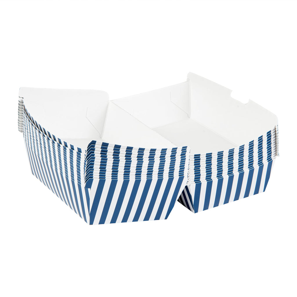 Bio Tek Rectangle Blue and White Stripe Paper Hot Dog / Sandwich Clamshell Container - 6 3/4" x 3 1/2" x 3 1/2" - 100 count box