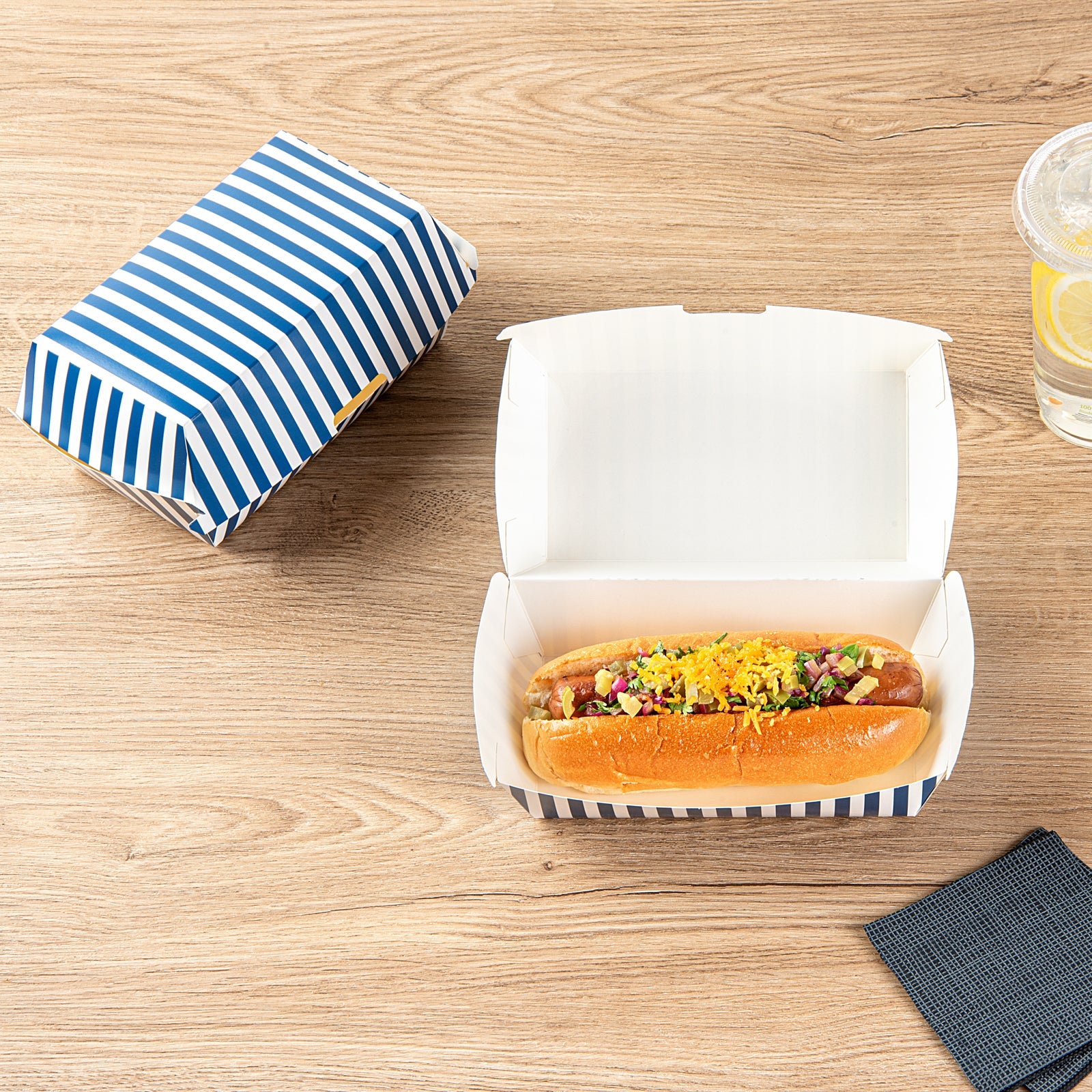 Bio Tek Rectangle Blue and White Stripe Paper Hot Dog / Sandwich Clamshell Container - 6 3/4" x 3 1/2" x 3 1/2" - 100 count box