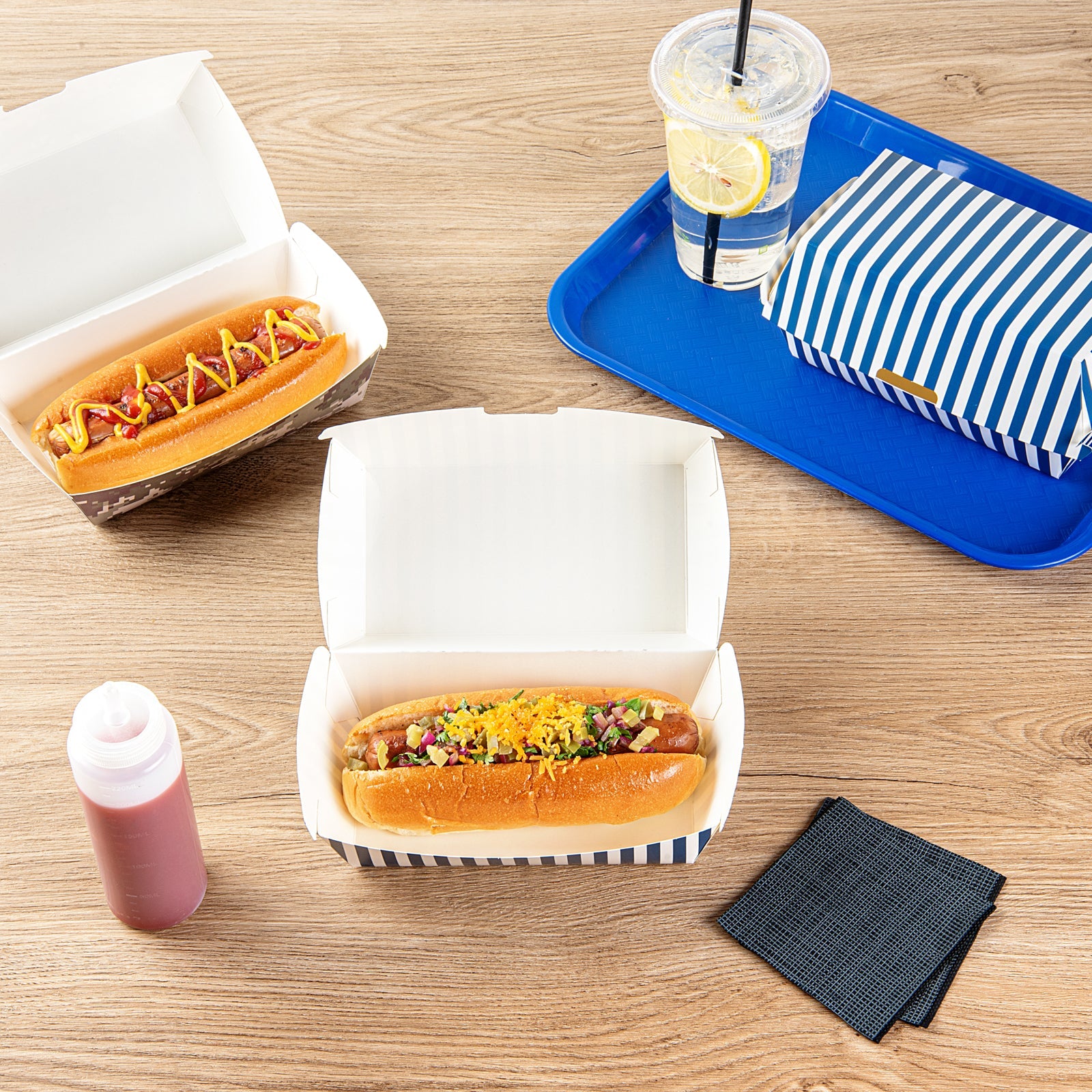 Bio Tek Rectangle Blue and White Stripe Paper Hot Dog / Sandwich Clamshell Container - 6 3/4" x 3 1/2" x 3 1/2" - 100 count box