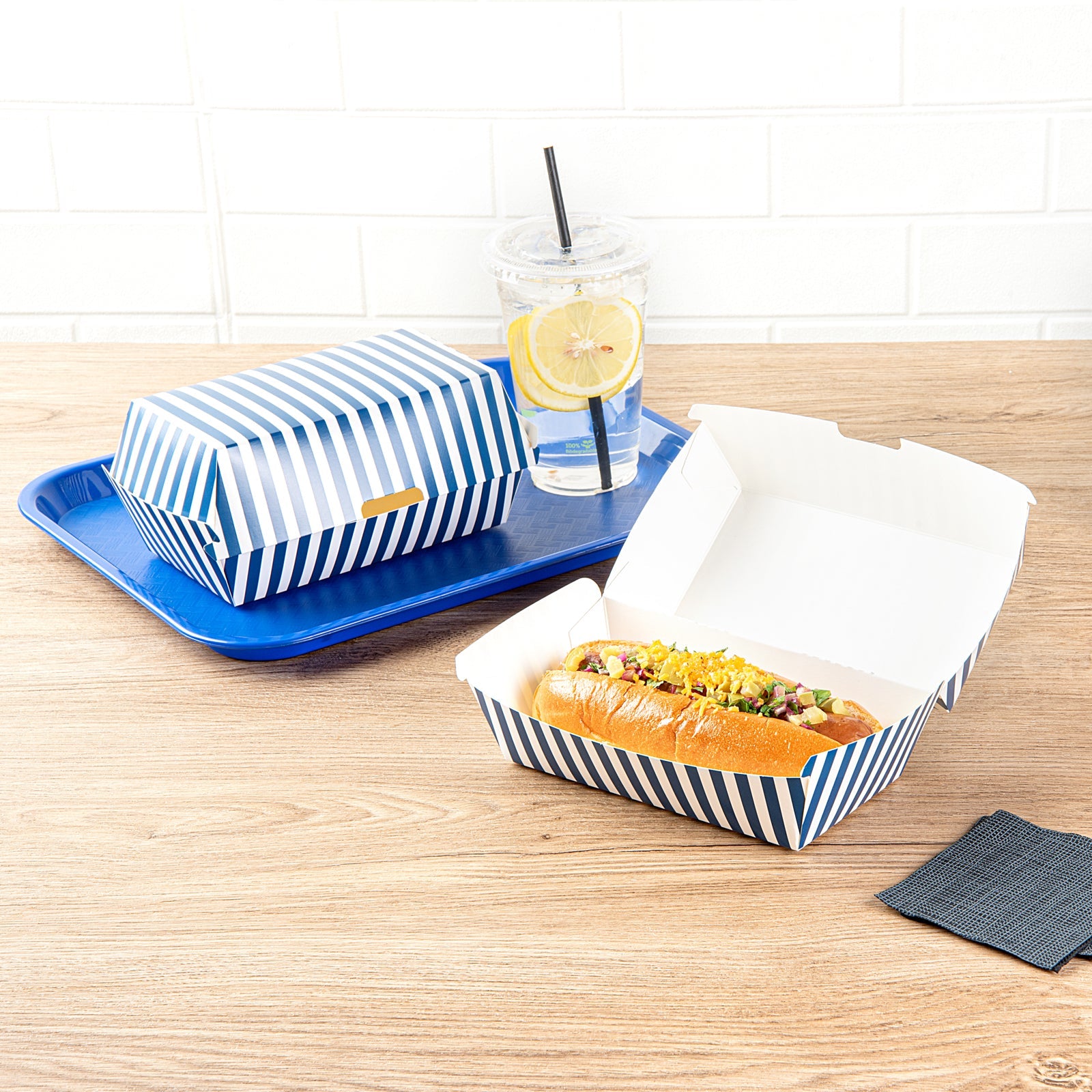 Bio Tek Rectangle Blue and White Stripe Paper Hot Dog / Sandwich Clamshell Container - 6 3/4" x 3 1/2" x 3 1/2" - 100 count box