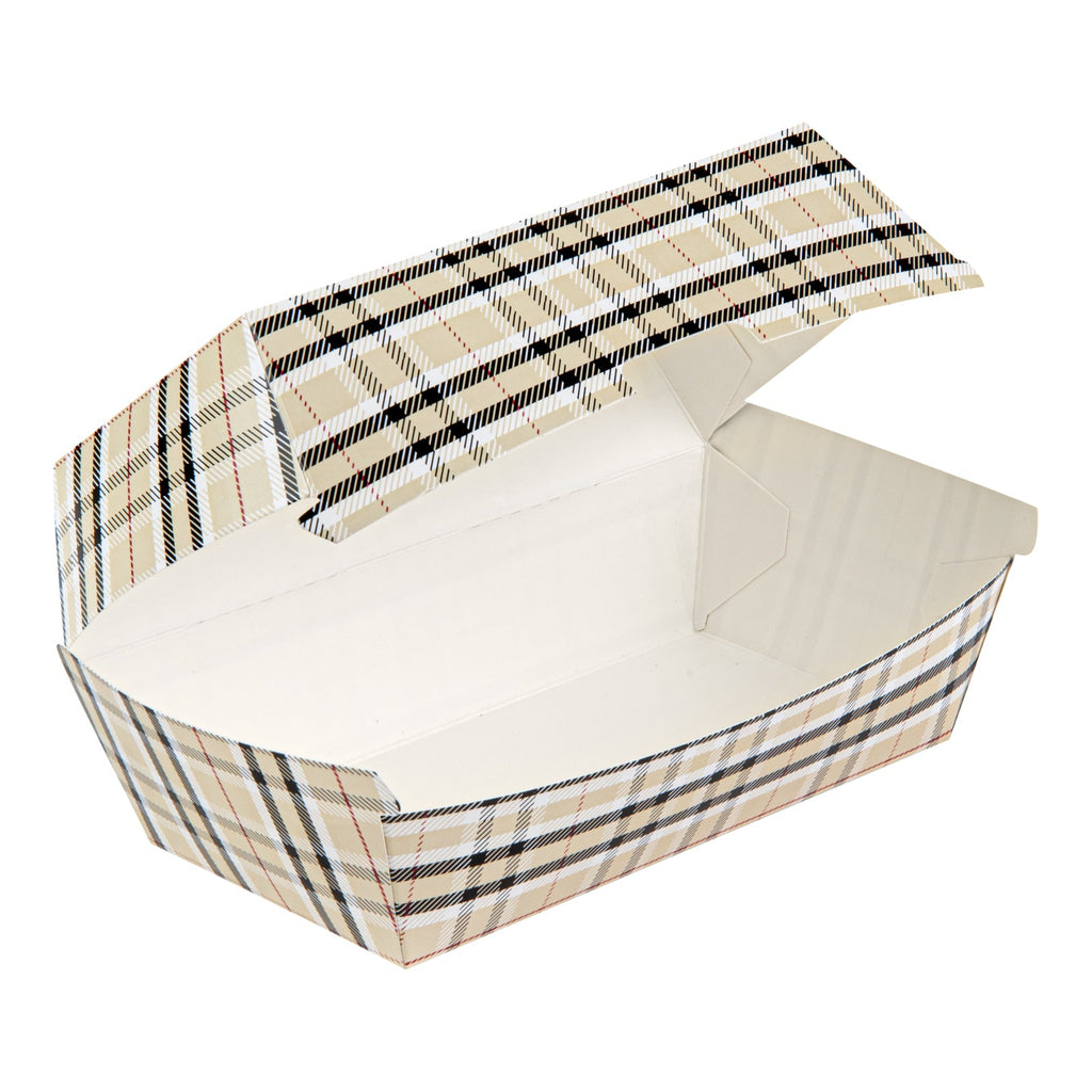 Bio Tek Rectangle Plaid Paper Hot Dog / Sandwich Clamshell Container - 6 3/4" x 3 1/2" x 3 1/2" - 100 count box