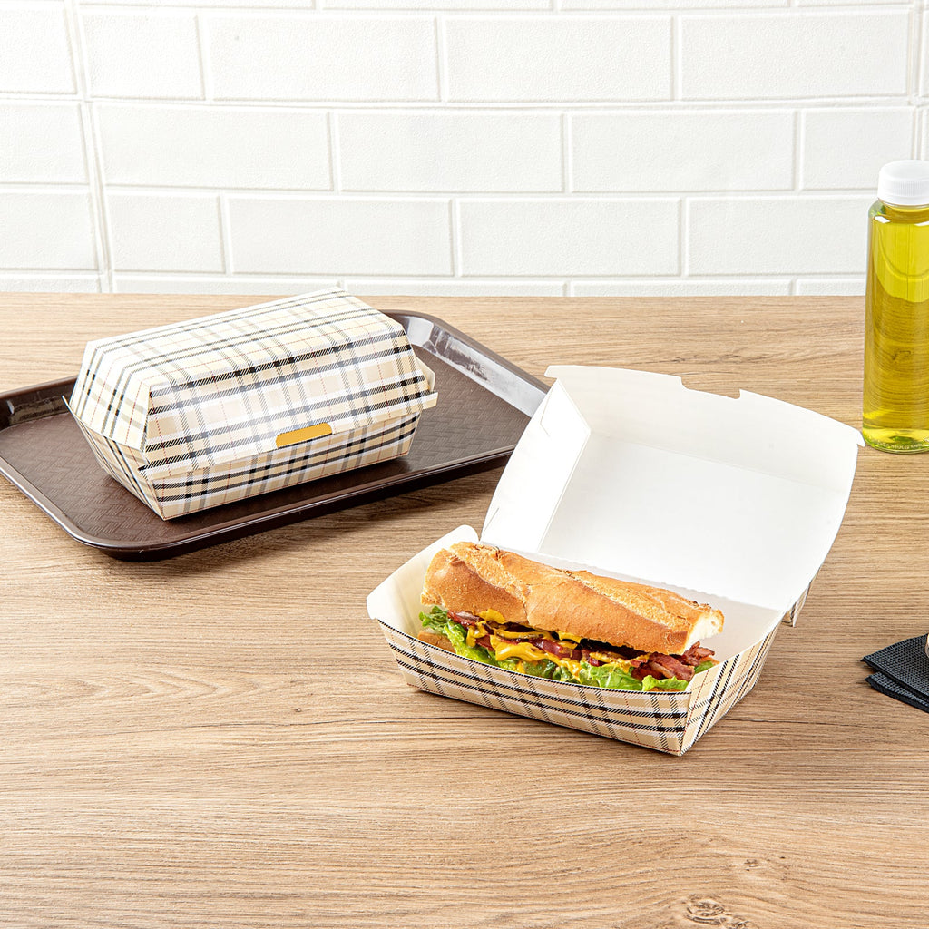 Bio Tek Rectangle Plaid Paper Hot Dog / Sandwich Clamshell Container - 6 3/4" x 3 1/2" x 3 1/2" - 100 count box