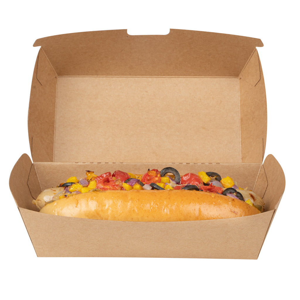 Bio Tek Rectangle Kraft Paper Hot Dog / Sandwich Clamshell Container - 6 3/4" x 3 1/2" x 3 1/2" - 100 count box