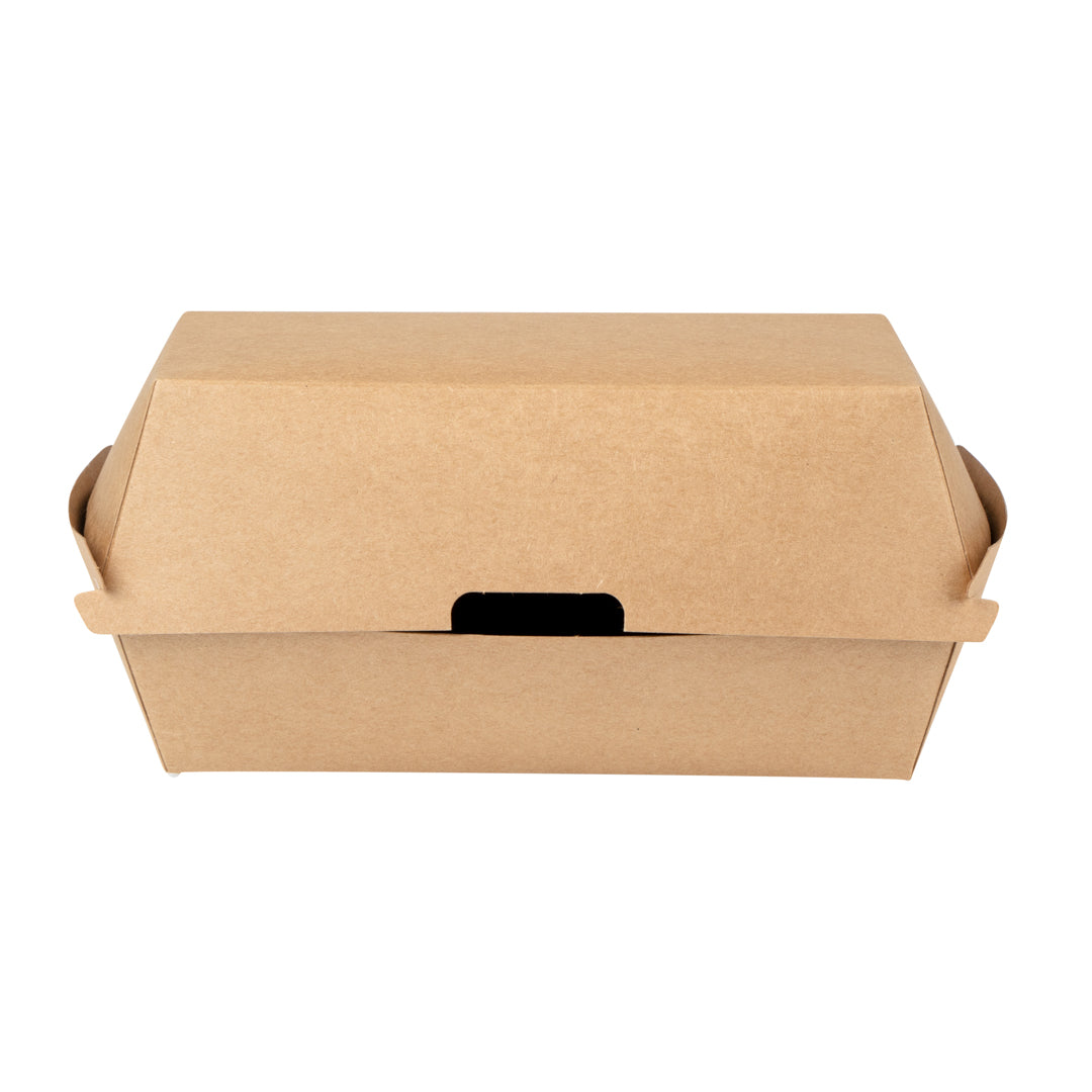 Bio Tek Rectangle Kraft Paper Hot Dog / Sandwich Clamshell Container - 6 3/4" x 3 1/2" x 3 1/2" - 100 count box