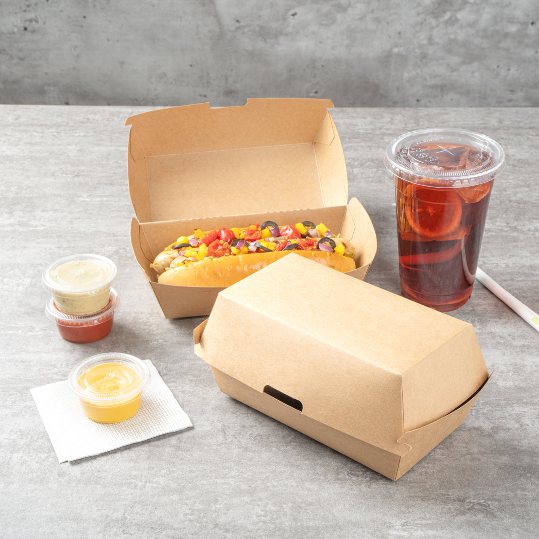 Bio Tek Rectangle Kraft Paper Hot Dog / Sandwich Clamshell Container - 6 3/4" x 3 1/2" x 3 1/2" - 100 count box