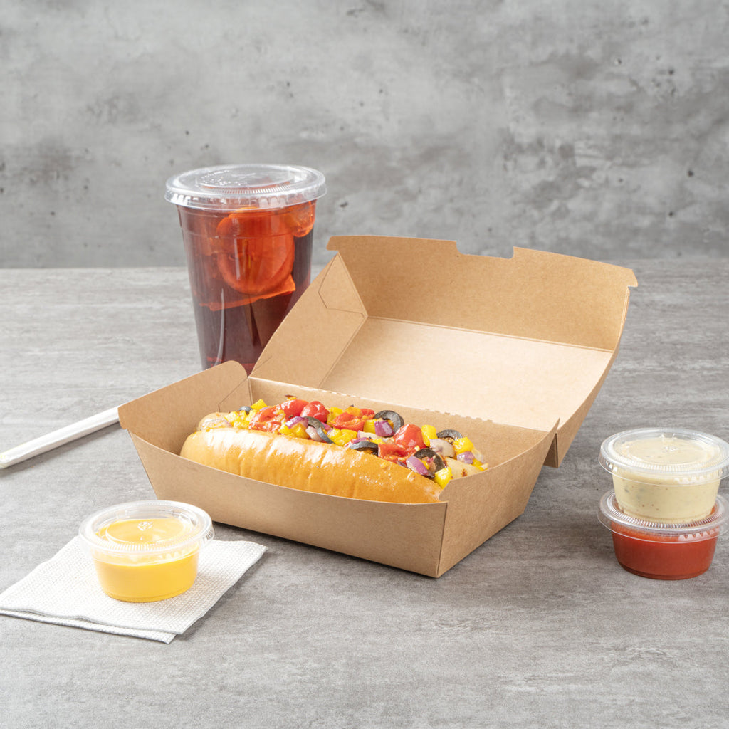 Bio Tek Rectangle Kraft Paper Hot Dog / Sandwich Clamshell Container - 6 3/4" x 3 1/2" x 3 1/2" - 100 count box