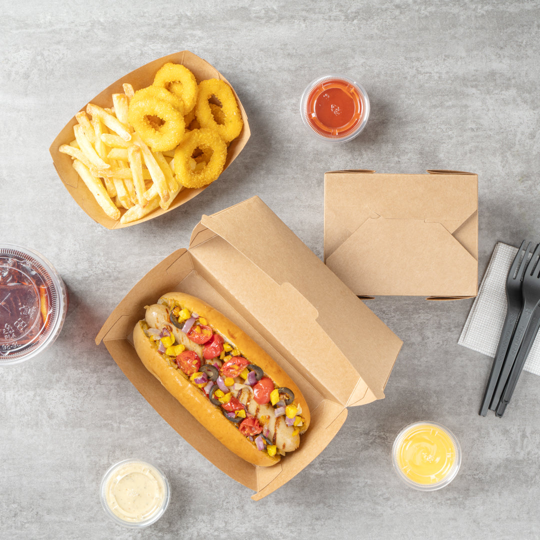 Bio Tek Rectangle Kraft Paper Hot Dog / Sandwich Clamshell Container - 6 3/4" x 3 1/2" x 3 1/2" - 100 count box
