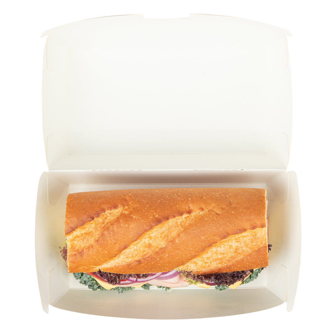 Bio Tek Rectangle Newsprint Paper Hot Dog / Sandwich Clamshell Container - 6 3/4" x 3 1/2" x 3 1/2" - 100 count box