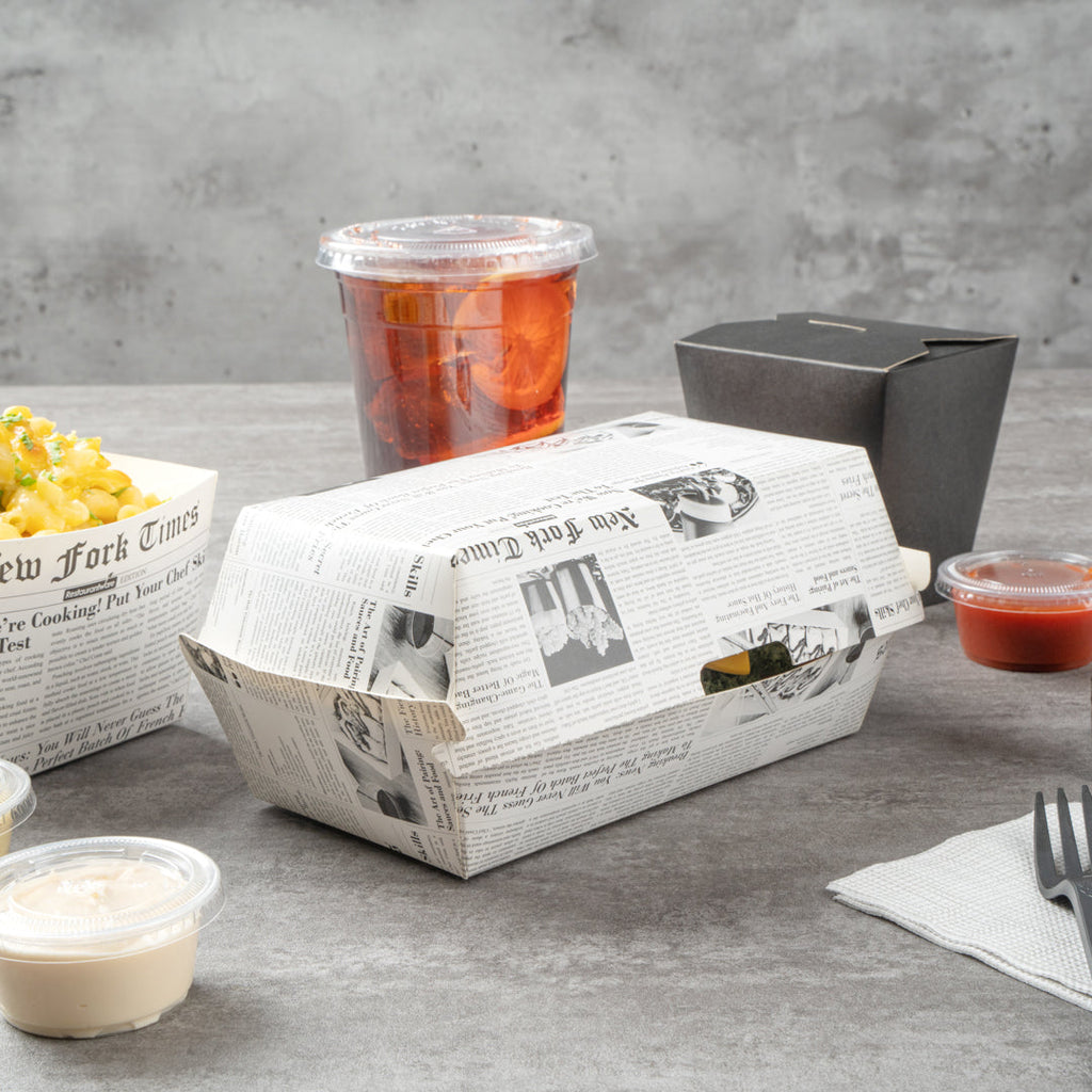 Bio Tek Rectangle Newsprint Paper Hot Dog / Sandwich Clamshell Container - 6 3/4" x 3 1/2" x 3 1/2" - 100 count box