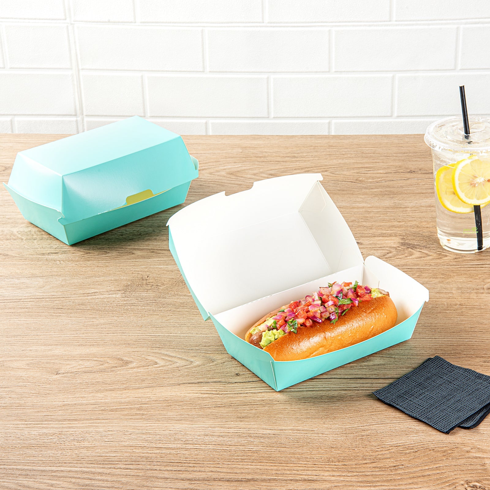 Bio Tek Rectangle Turquoise Paper Hot Dog / Sandwich Clamshell Container - 6 3/4" x 3 1/2" x 3 1/2" - 100 count box