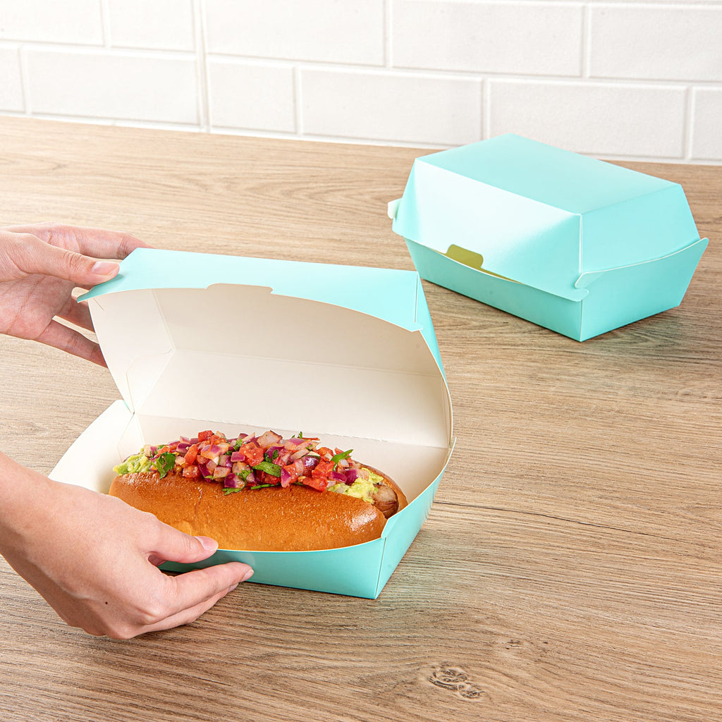 Bio Tek Rectangle Turquoise Paper Hot Dog / Sandwich Clamshell Container - 6 3/4" x 3 1/2" x 3 1/2" - 100 count box