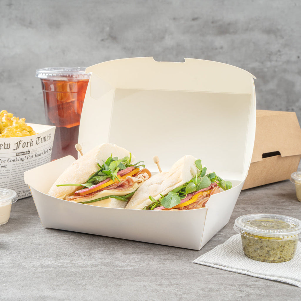 Bio Tek Rectangle White Paper Hot Dog / Sandwich Clamshell Container - 6 3/4" x 3 1/2" x 3 1/2" - 100 count box