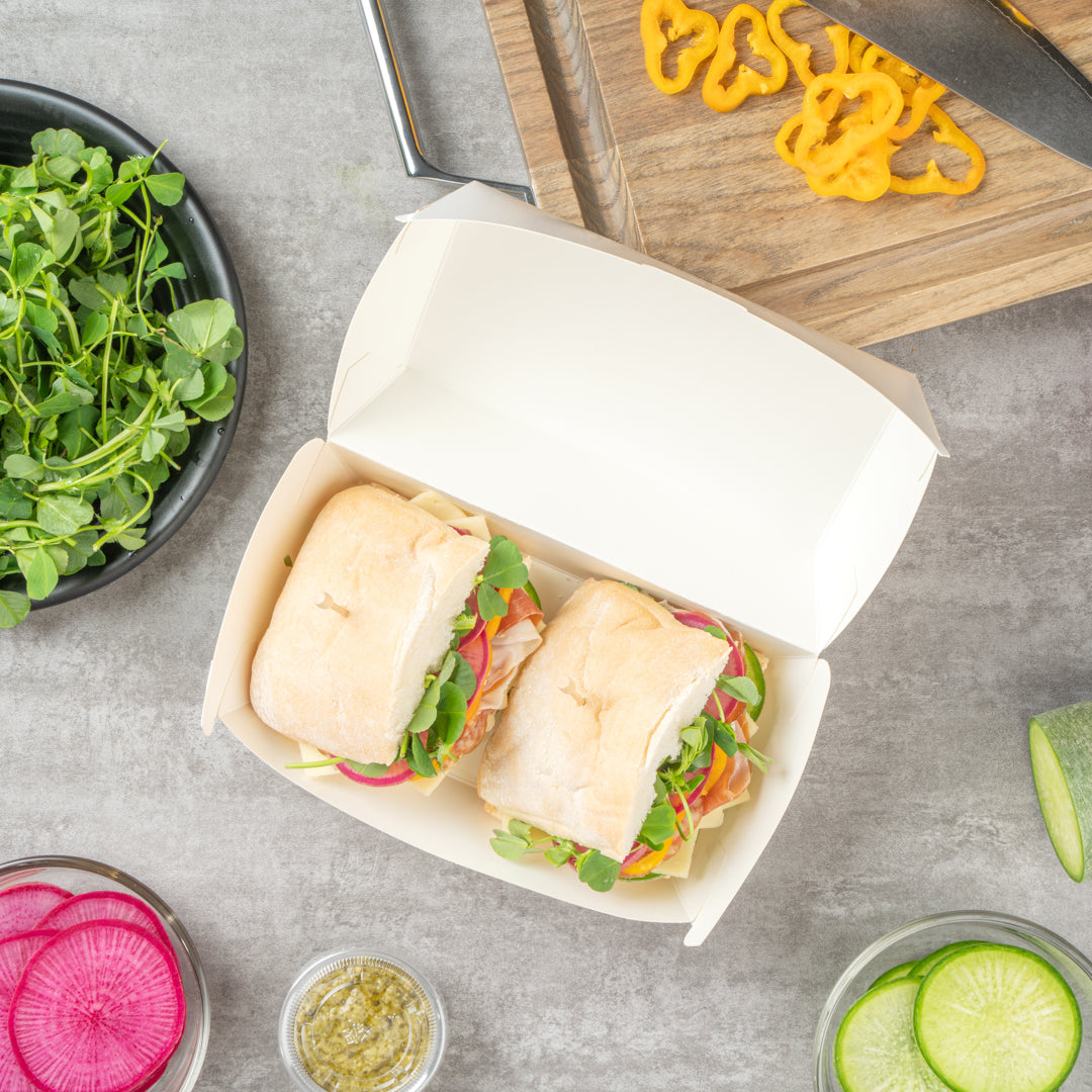 Bio Tek Rectangle White Paper Hot Dog / Sandwich Clamshell Container - 6 3/4" x 3 1/2" x 3 1/2" - 100 count box