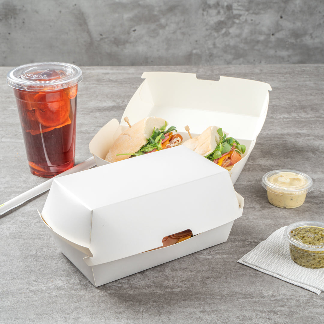 Bio Tek Rectangle White Paper Hot Dog / Sandwich Clamshell Container - 6 3/4" x 3 1/2" x 3 1/2" - 100 count box