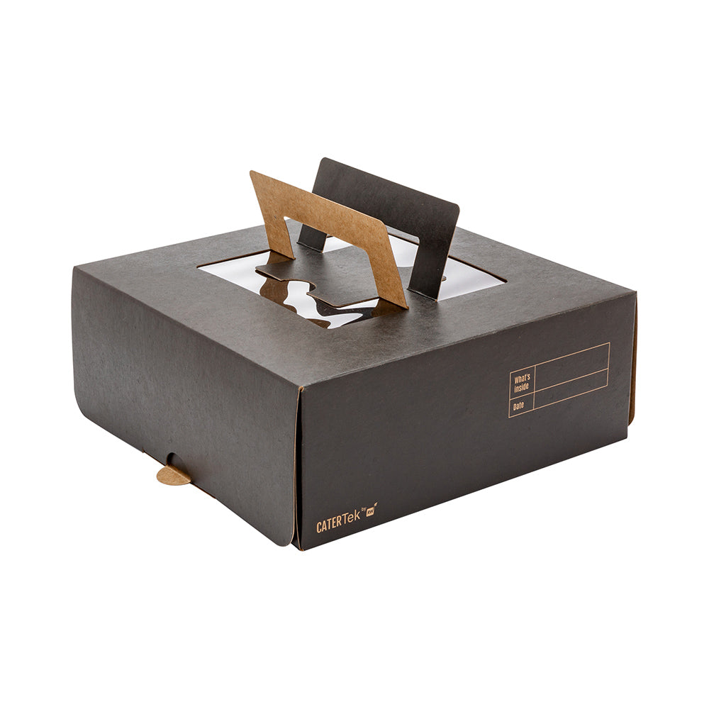 Cater Tek Square Black Paper Cake / Take Out Container - with Pop-Up Handle, Window - 9" x 9" x 3 1/2" - 50 count box