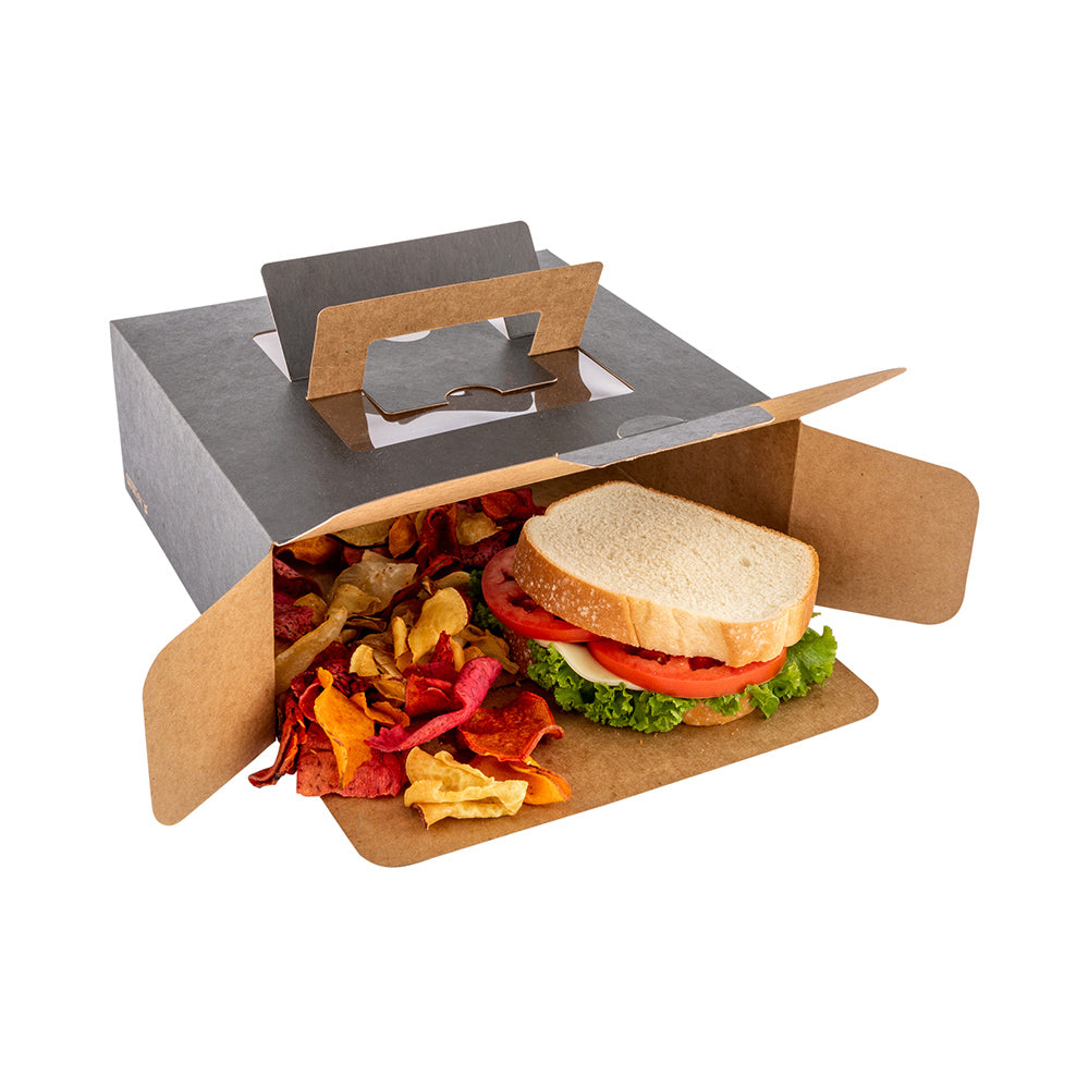 Cater Tek Square Black Paper Cake / Take Out Container - with Pop-Up Handle, Window - 9" x 9" x 3 1/2" - 50 count box