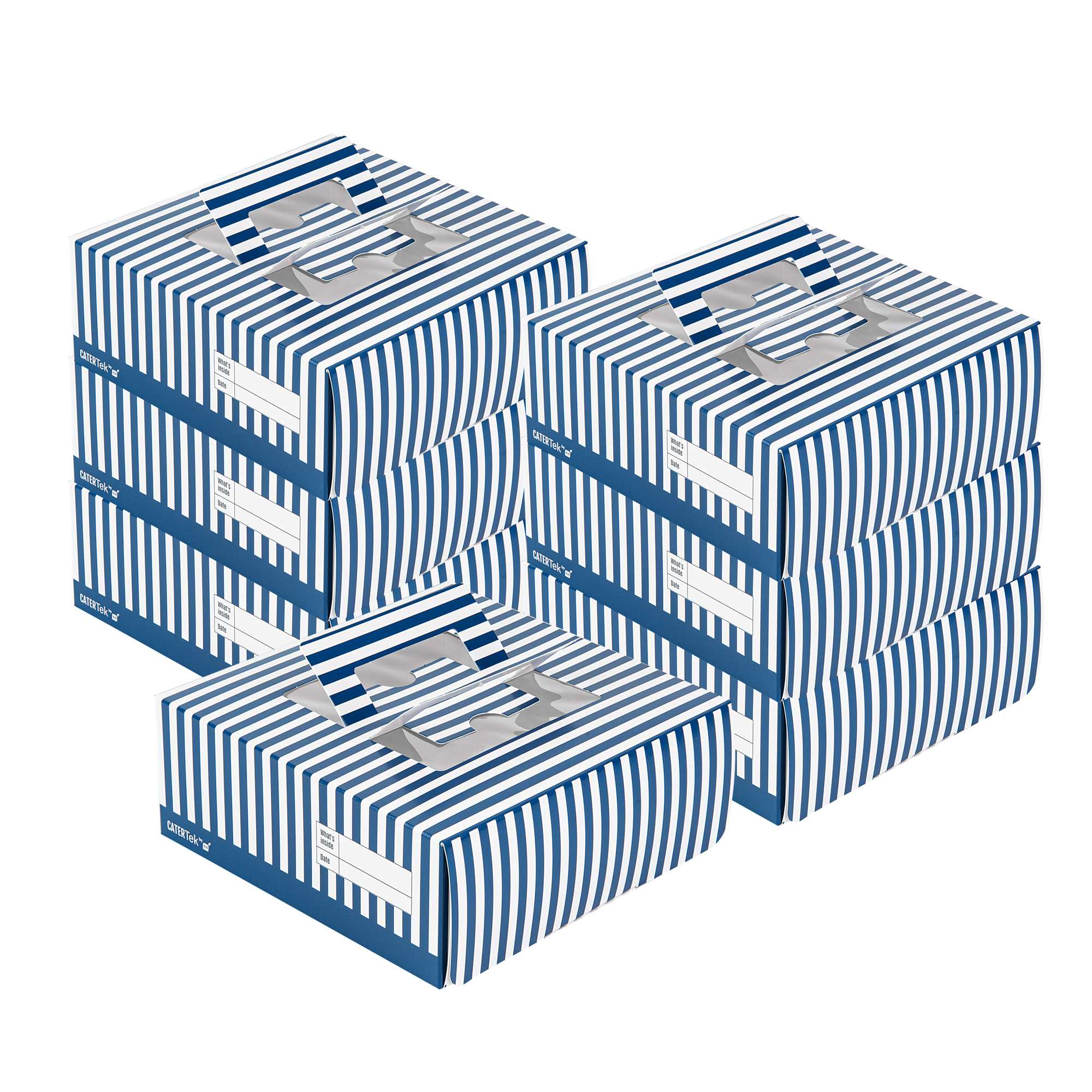 Cater Tek Square Blue and White Stripe Paper Cake / Take Out Container - with Pop-Up Handle, Window - 9" x 9" x 3 1/2" - 50 count box