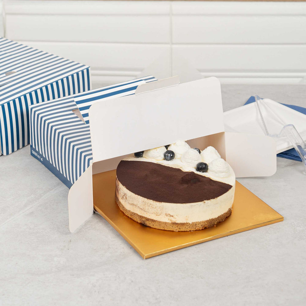 Cater Tek Square Blue and White Stripe Paper Cake / Take Out Container - with Pop-Up Handle, Window - 9" x 9" x 3 1/2" - 50 count box