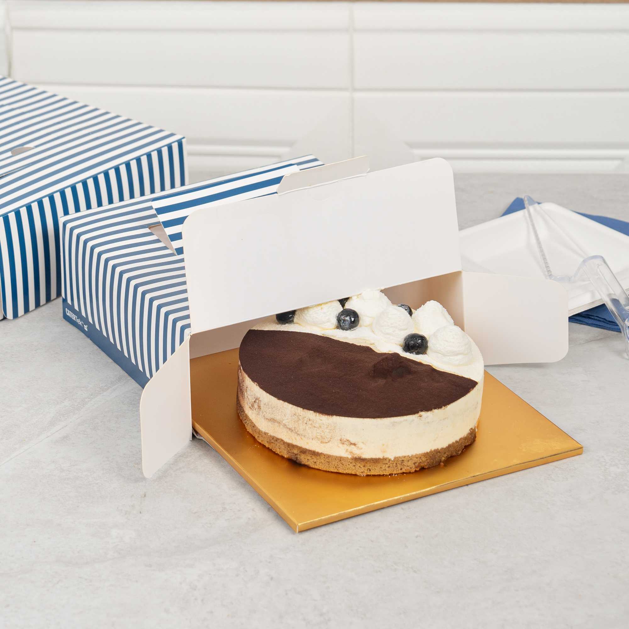 Cater Tek Square Blue and White Stripe Paper Cake / Take Out Container - with Pop-Up Handle, Window - 9" x 9" x 3 1/2" - 50 count box