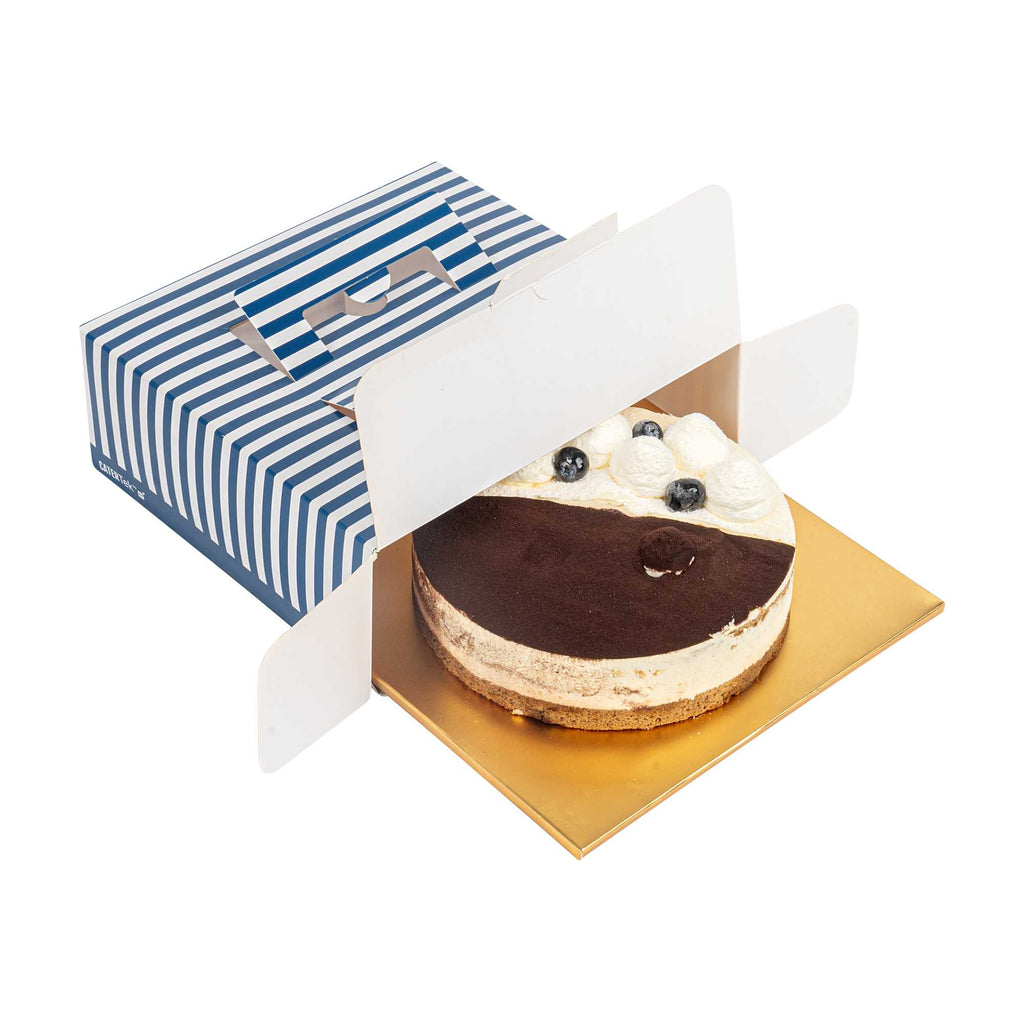 Cater Tek Square Blue and White Stripe Paper Cake / Take Out Container - with Pop-Up Handle, Window - 9" x 9" x 3 1/2" - 50 count box