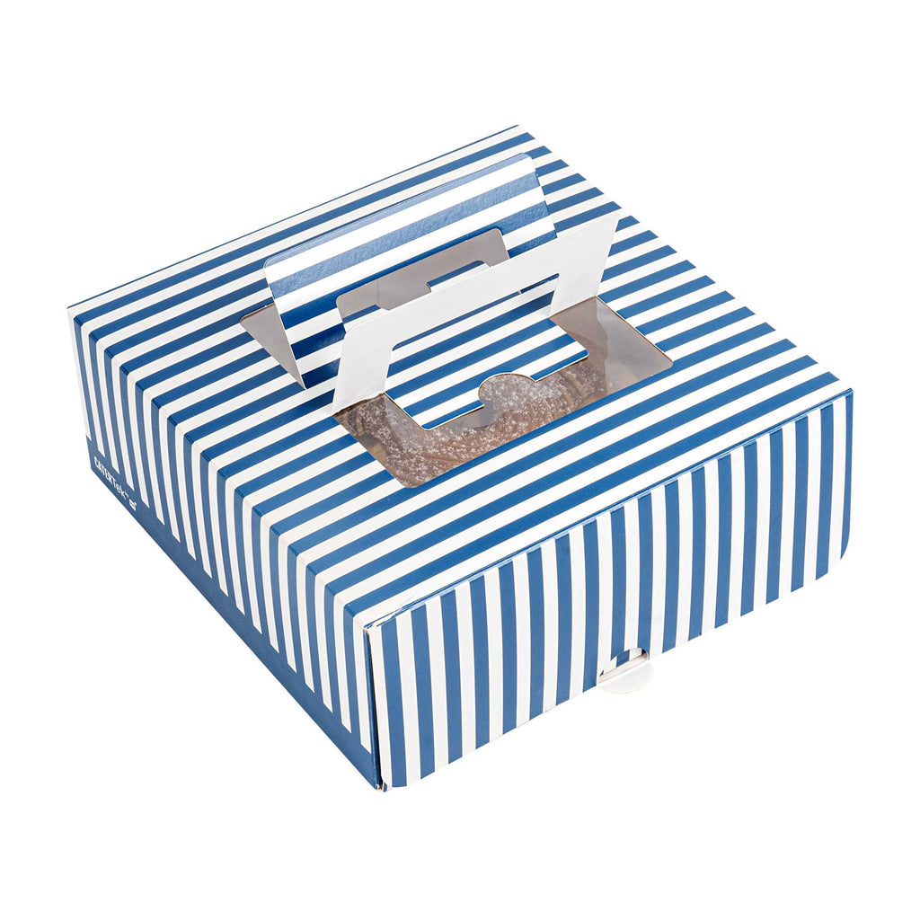 Cater Tek Square Blue and White Stripe Paper Cake / Take Out Container - with Pop-Up Handle, Window - 9" x 9" x 3 1/2" - 50 count box