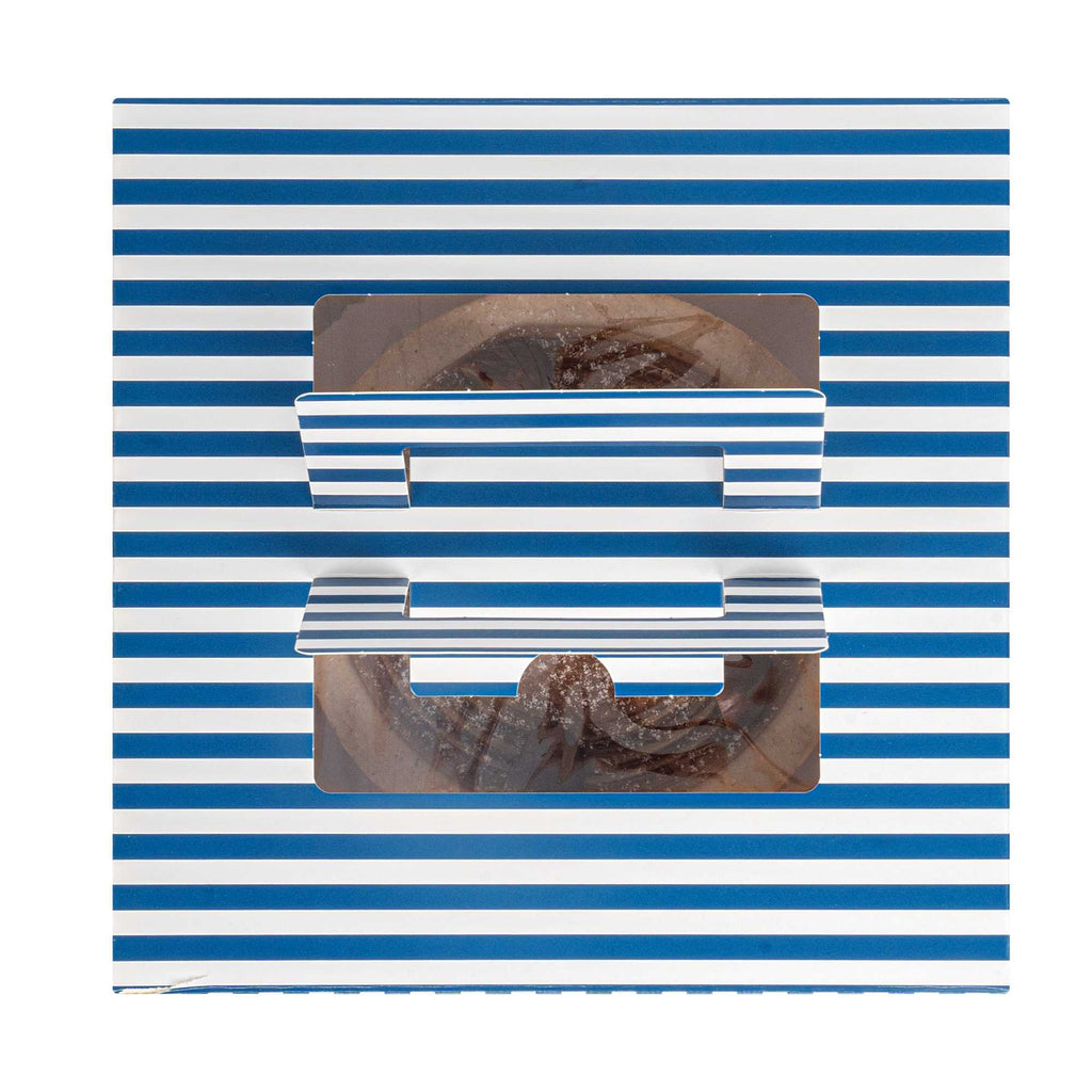 Cater Tek Square Blue and White Stripe Paper Cake / Take Out Container - with Pop-Up Handle, Window - 9" x 9" x 3 1/2" - 50 count box