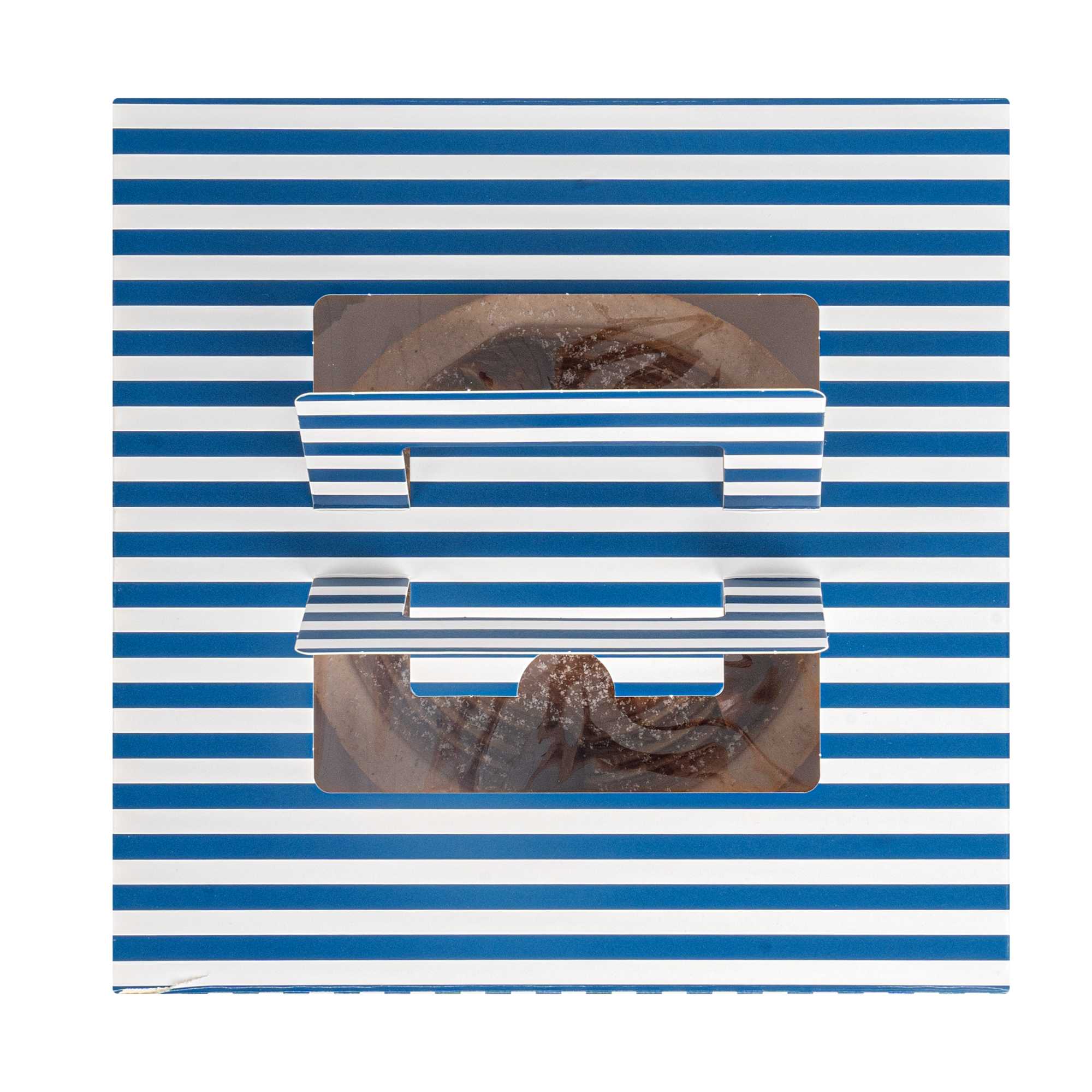 Cater Tek Square Blue and White Stripe Paper Cake / Take Out Container - with Pop-Up Handle, Window - 9" x 9" x 3 1/2" - 50 count box