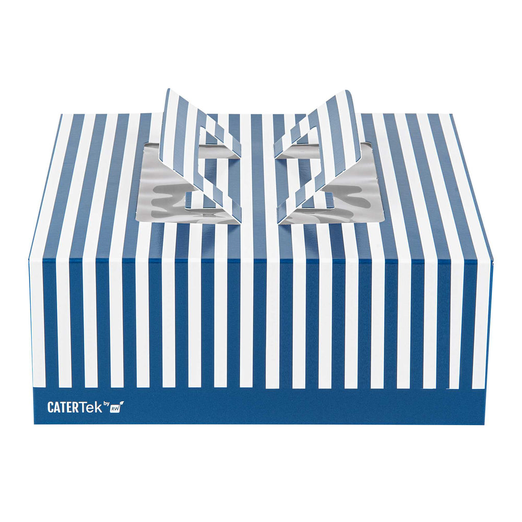 Cater Tek Square Blue and White Stripe Paper Cake / Take Out Container - with Pop-Up Handle, Window - 9" x 9" x 3 1/2" - 50 count box