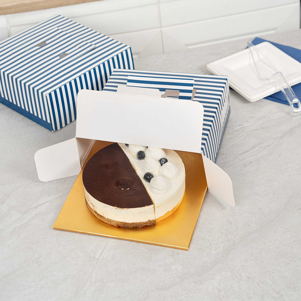 Cater Tek Square Blue and White Stripe Paper Cake / Take Out Container - with Pop-Up Handle, Window - 9" x 9" x 3 1/2" - 50 count box